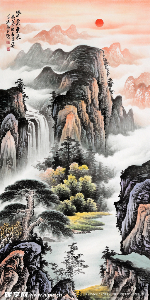 旭日东升中国风山水国画