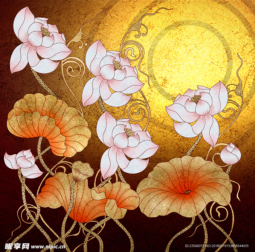 金色荷花荷叶装饰画