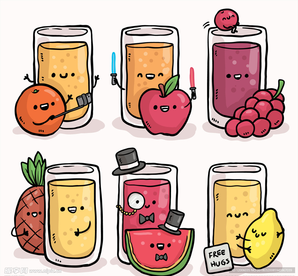 6款手绘表情杯装果汁和水果矢量