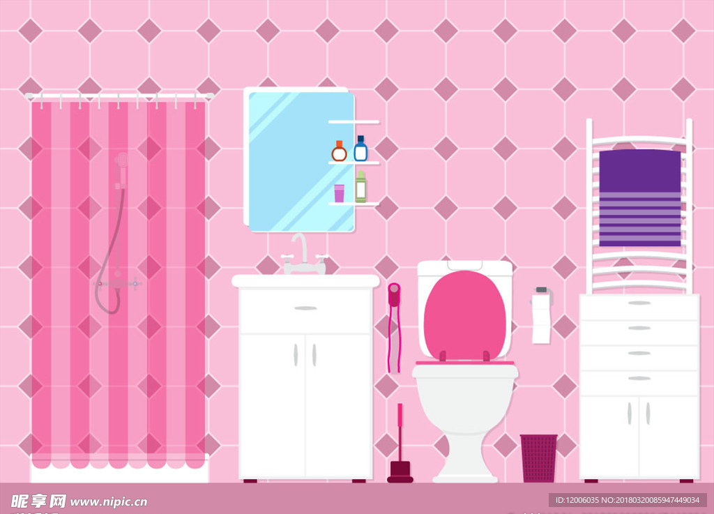 扁平化粉色浴室设计矢量素材