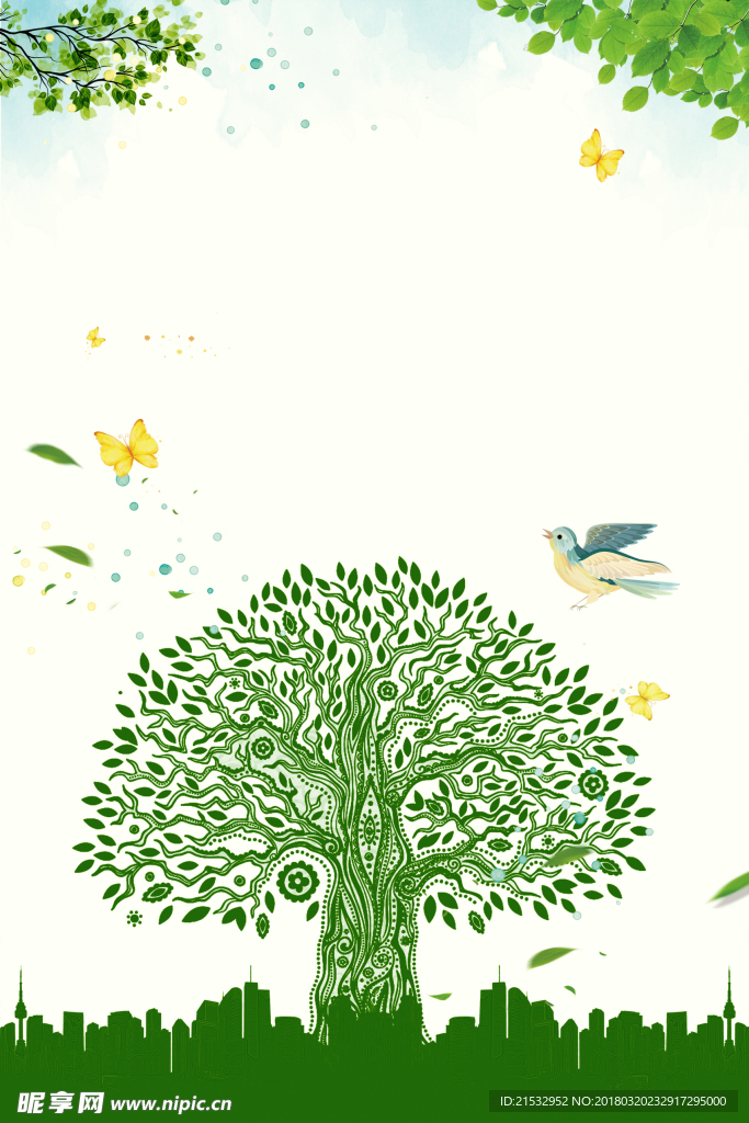 手绘卡通扁平科技感植树节背景