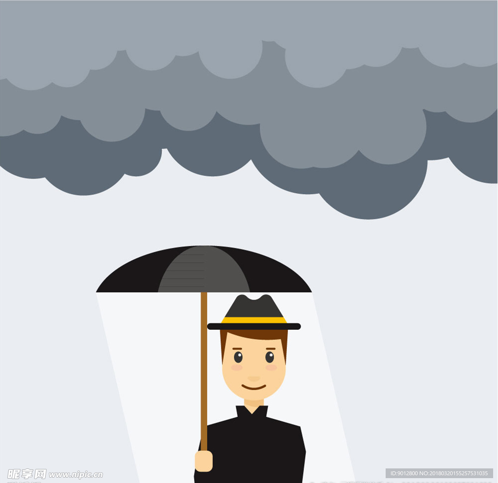 创意雨天打伞的黑衣男子矢量图