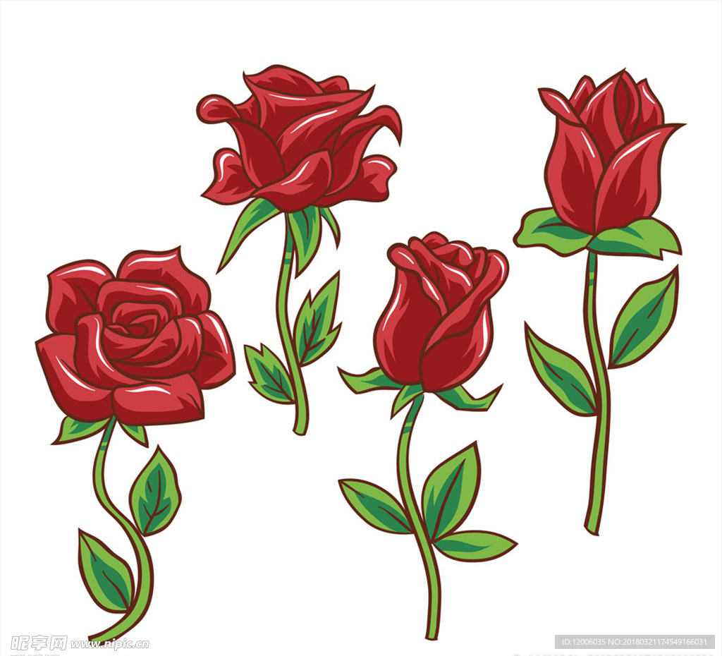 4款彩绘红玫瑰花枝矢量素材