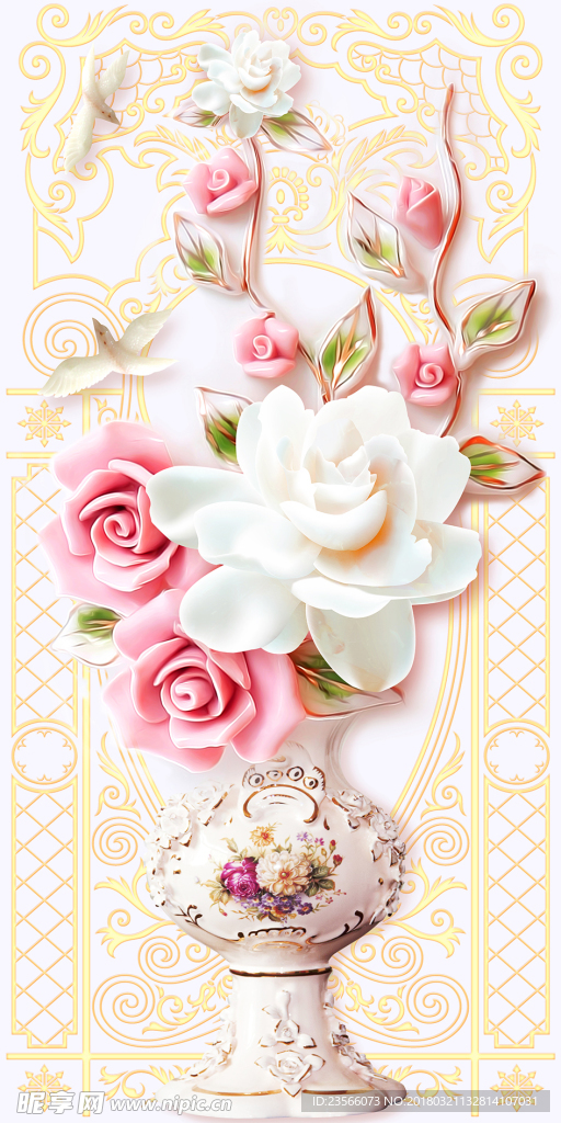 欧式玄关淡色花瓶花朵