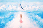 天空中的鲸鱼和少女水彩画