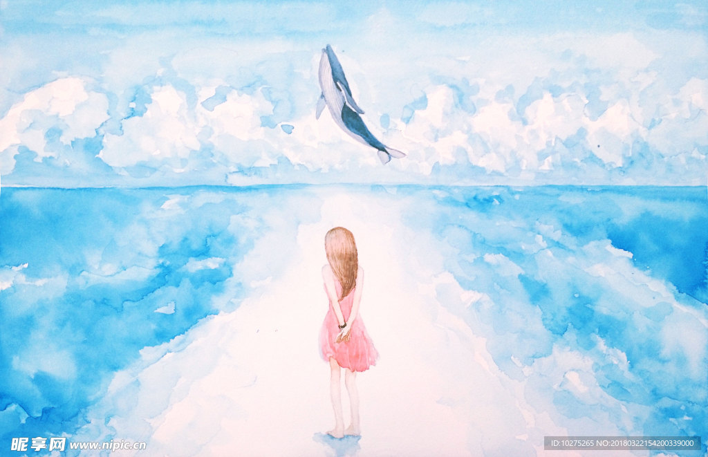 天空中的鲸鱼和少女水彩画