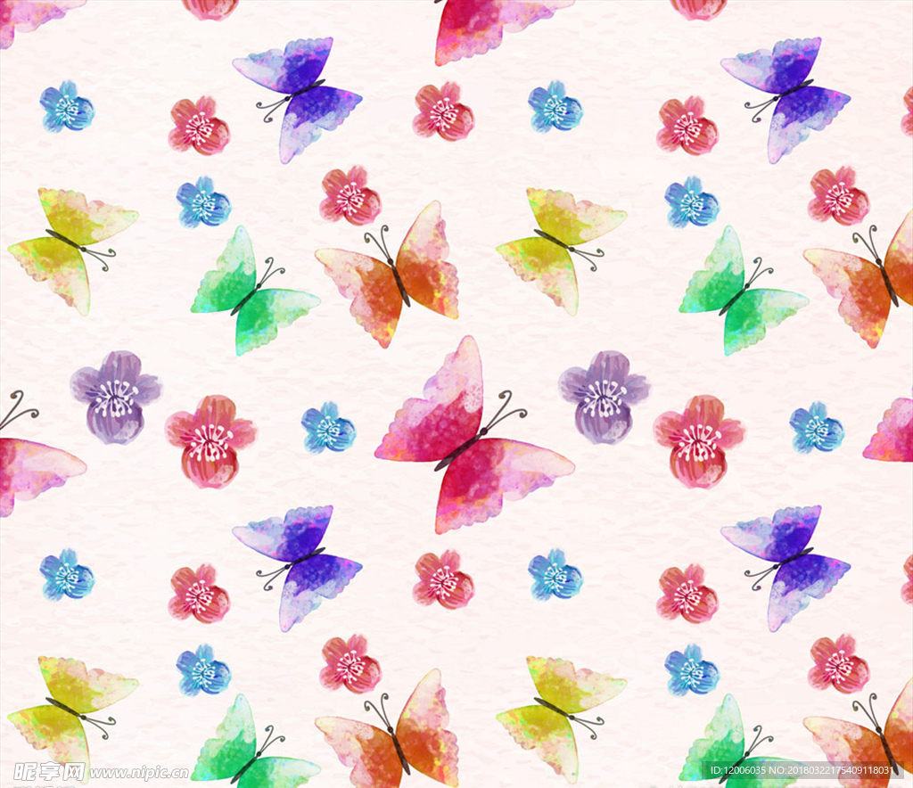 水彩绘花卉和蝴蝶无缝背景矢量图