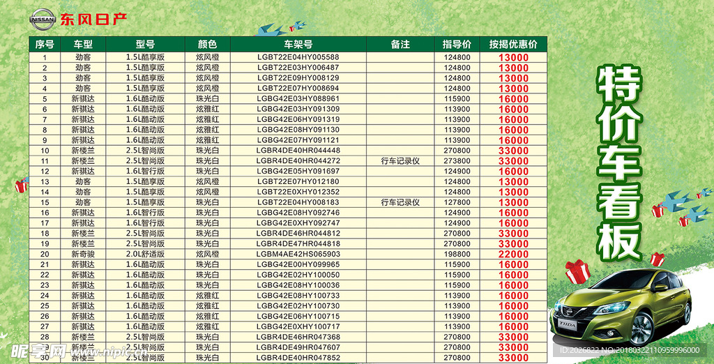 特价车看板