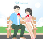 创意夏季长椅上吃西瓜的男女矢量