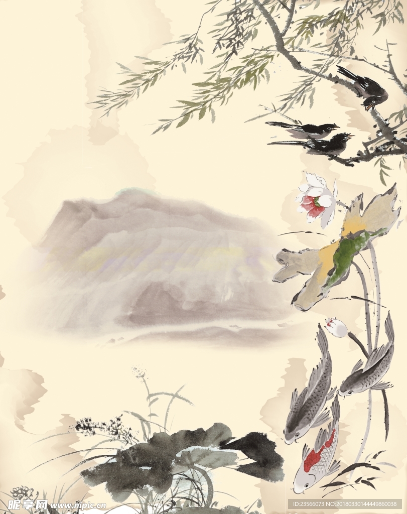 中国风荷叶荷花水墨国画