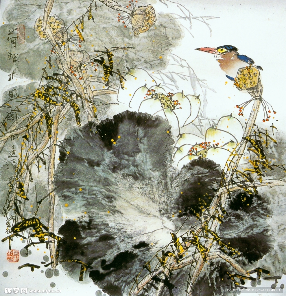 中国风荷叶荷花水墨国画