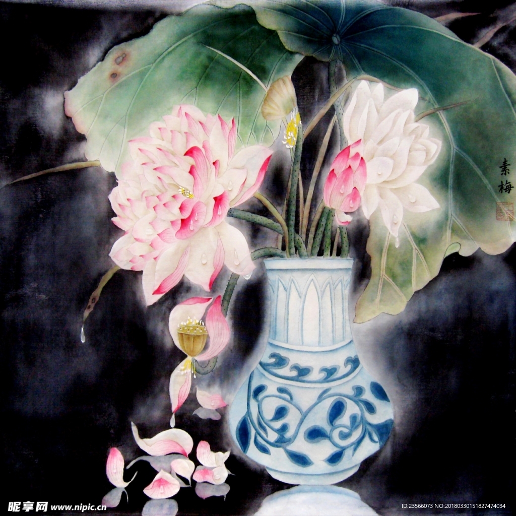 中国风荷叶荷花水墨国画