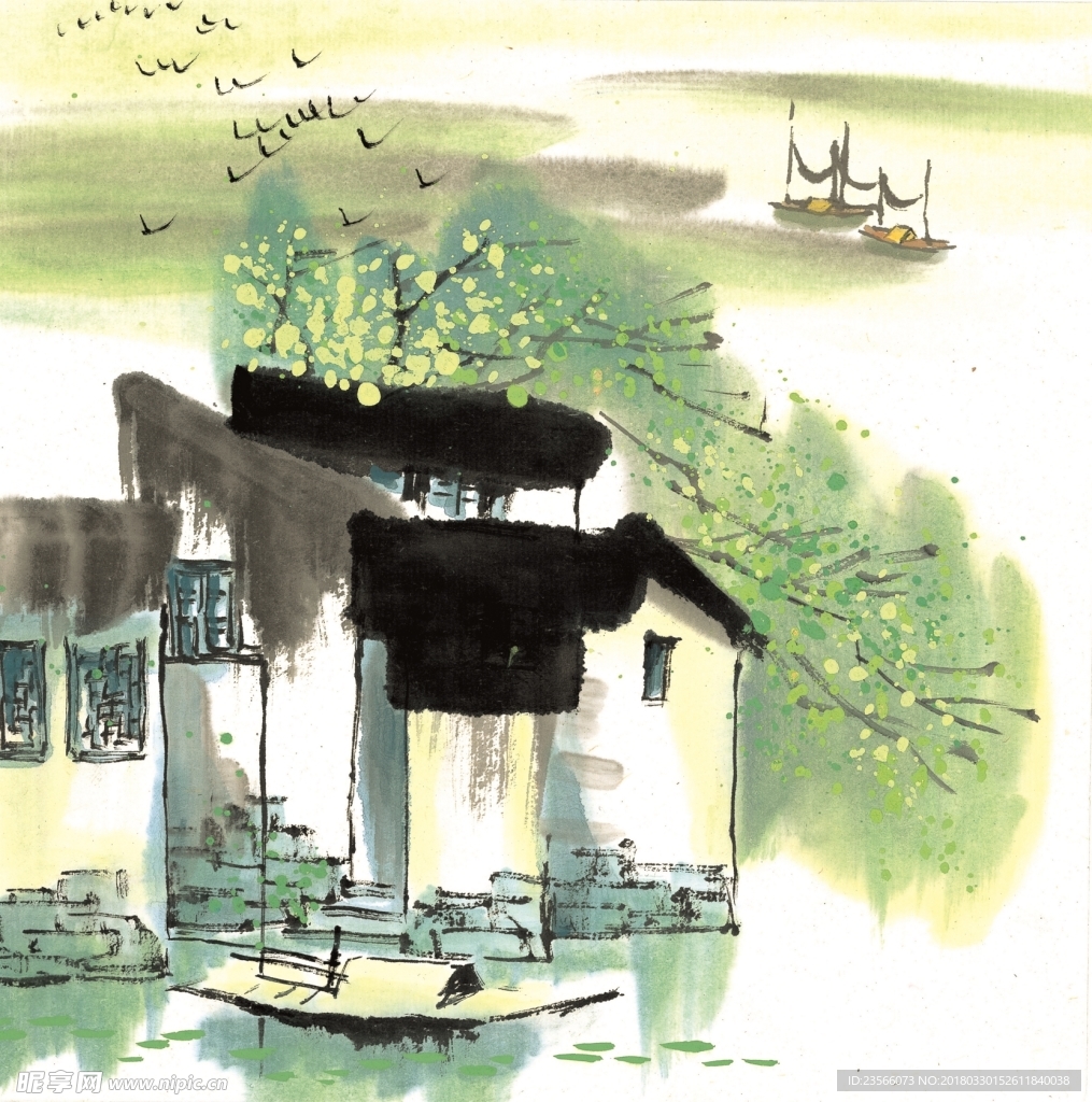 中国风江南水乡四季水墨国画