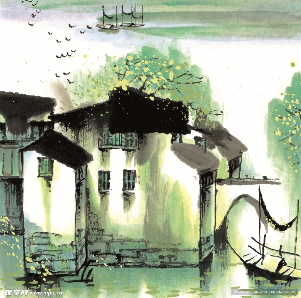 中国风江南水乡四季水墨国画