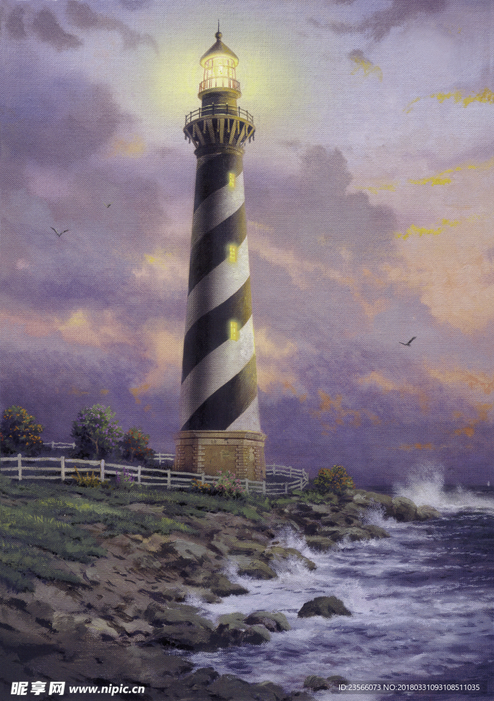 海岸灯塔风景画