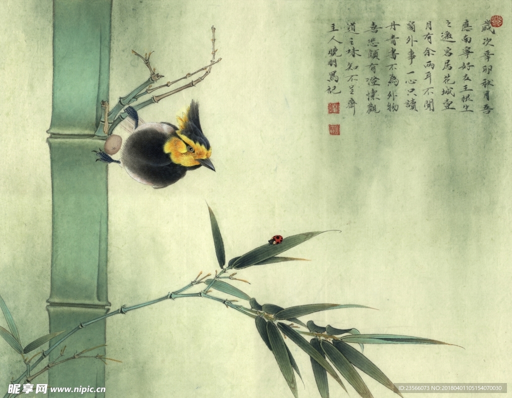 竹林喜鹊工笔画