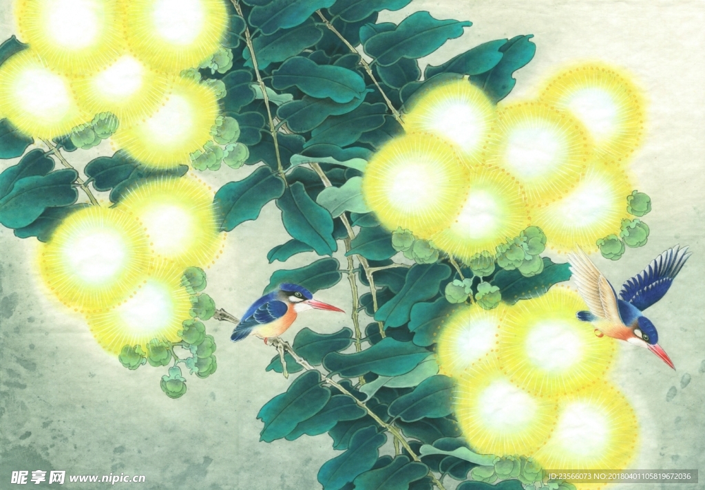 绿色植物花朵翠鸟画