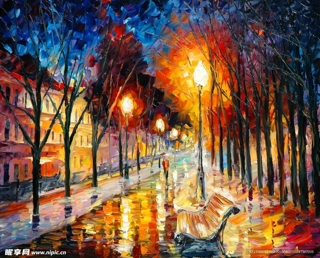彩色油画夜晚街景