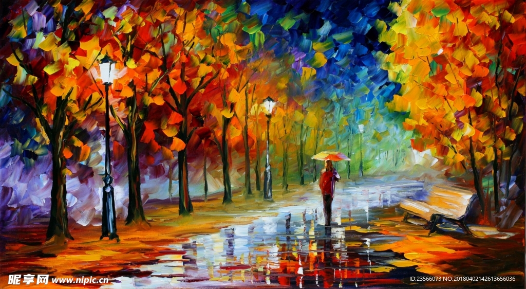 彩色油画雨后街道