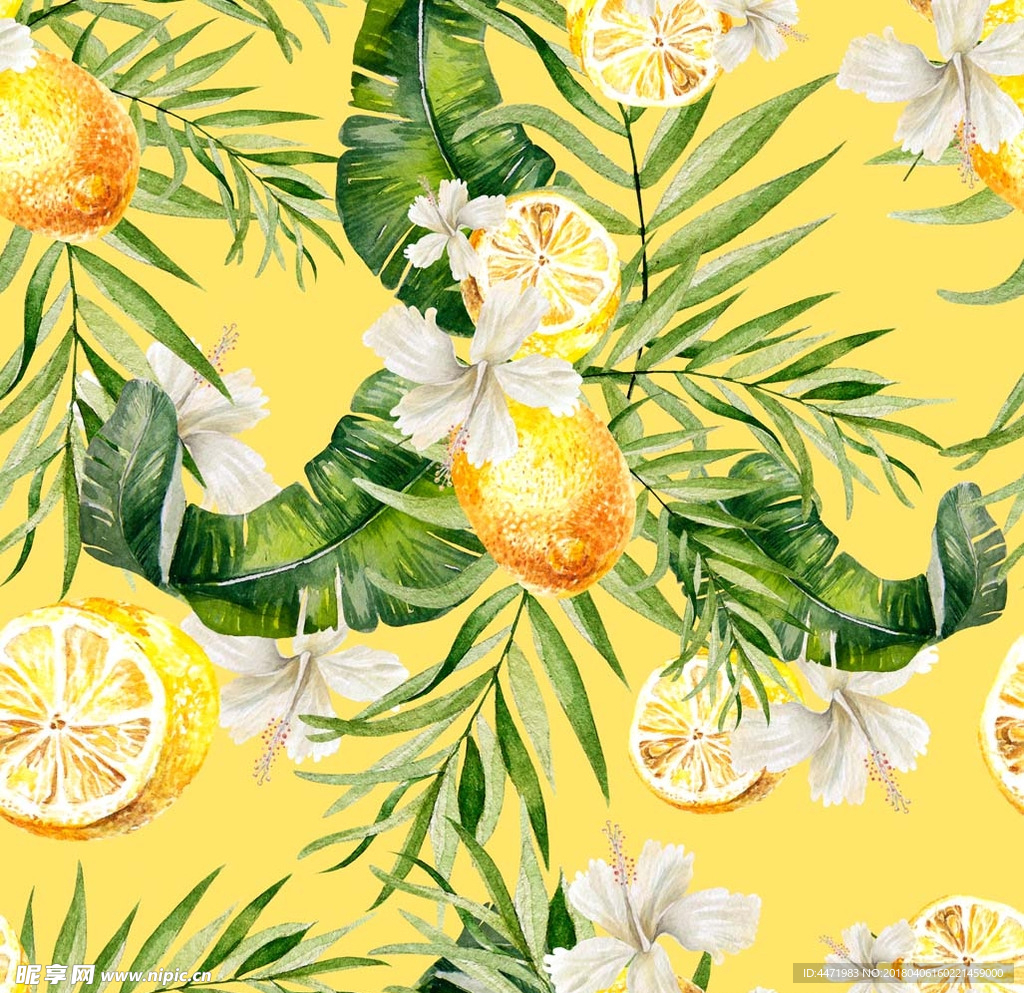 热带绿植物叶子黄色柠檬背景图案