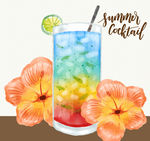 彩绘夏季鸡尾酒和扶桑花矢量素材