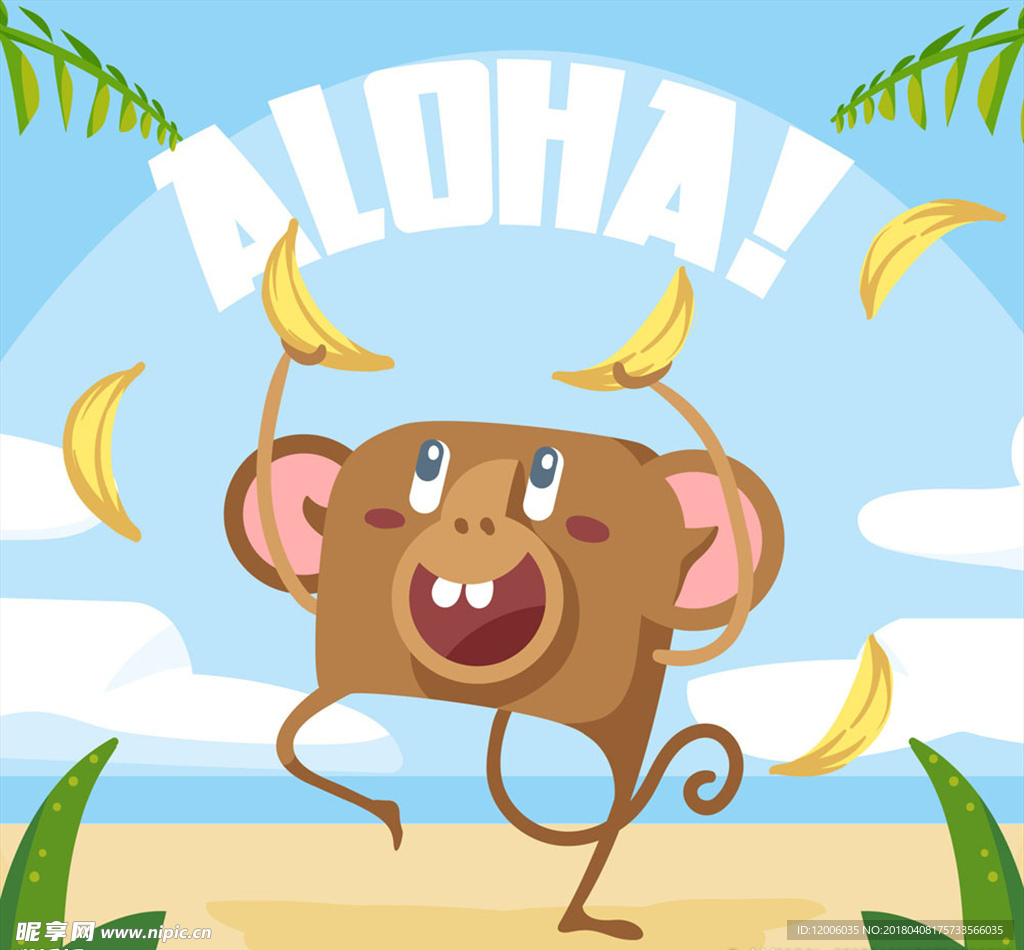 卡通夏威夷拿香蕉的猴子矢量素材