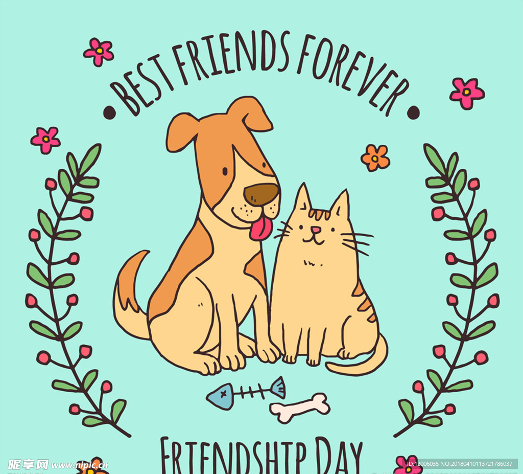 彩绘国际友谊节猫和狗矢量图