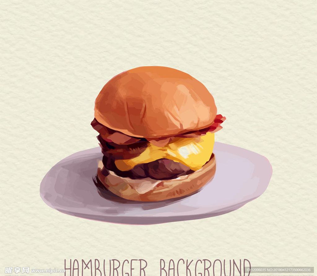 彩绘盘子里的美味汉堡包矢量素材