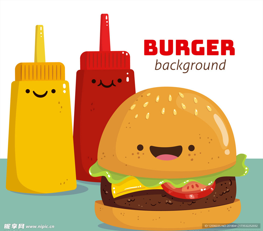 卡通笑脸汉堡包和调味酱矢量图