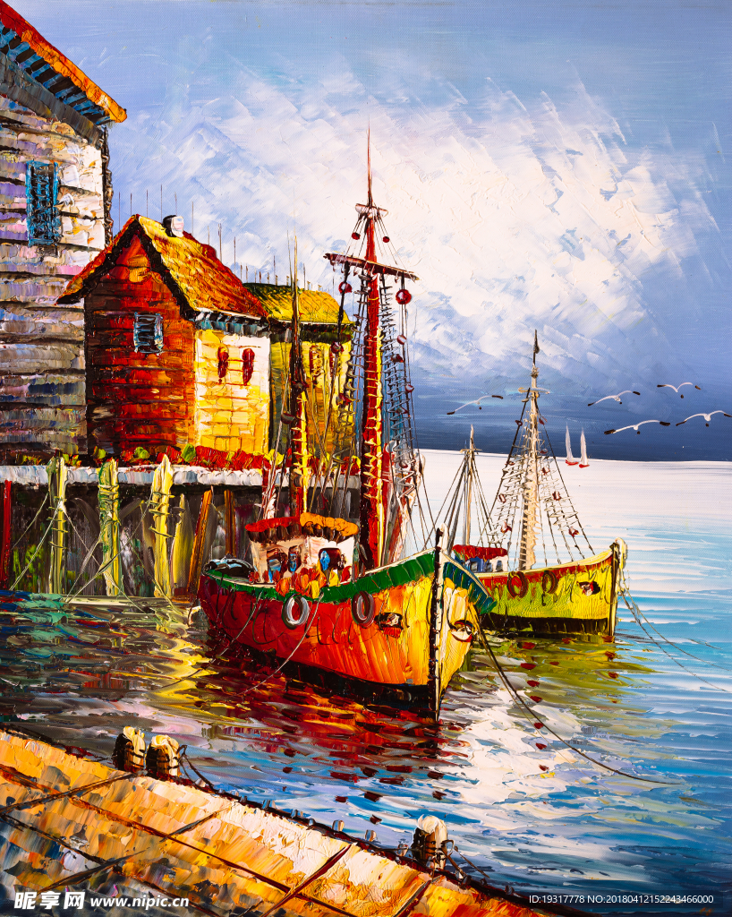 海港渔船 装饰油画