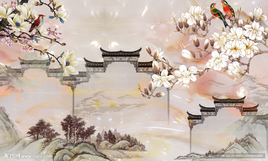 中式花鸟背景墙