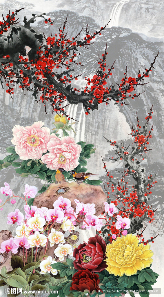 牡丹玄关背景墙