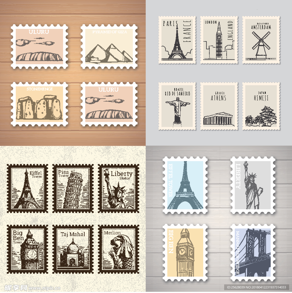 复古时尚欧洲建筑邮票矢量
