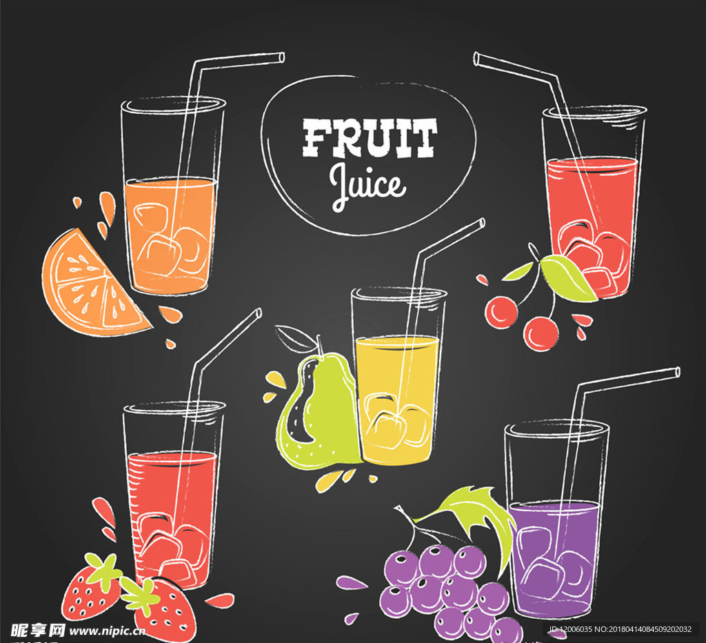 5款彩绘水果和杯装果汁矢量图