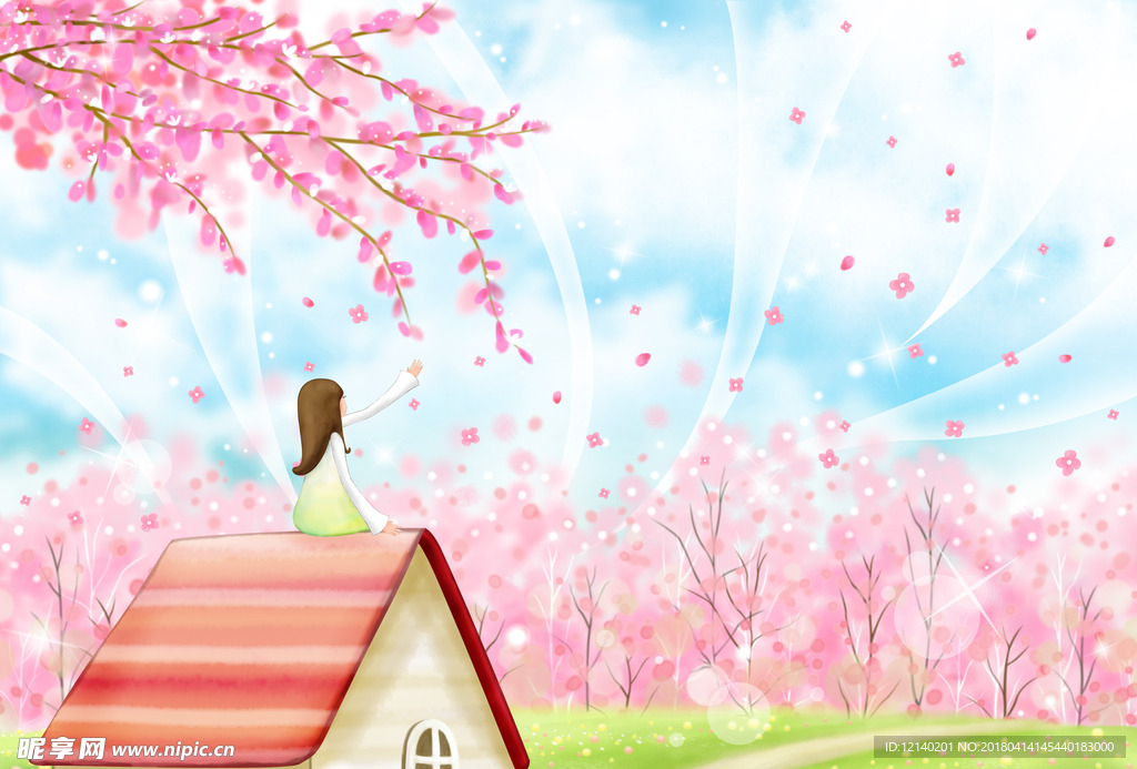 屋顶女孩看樱花