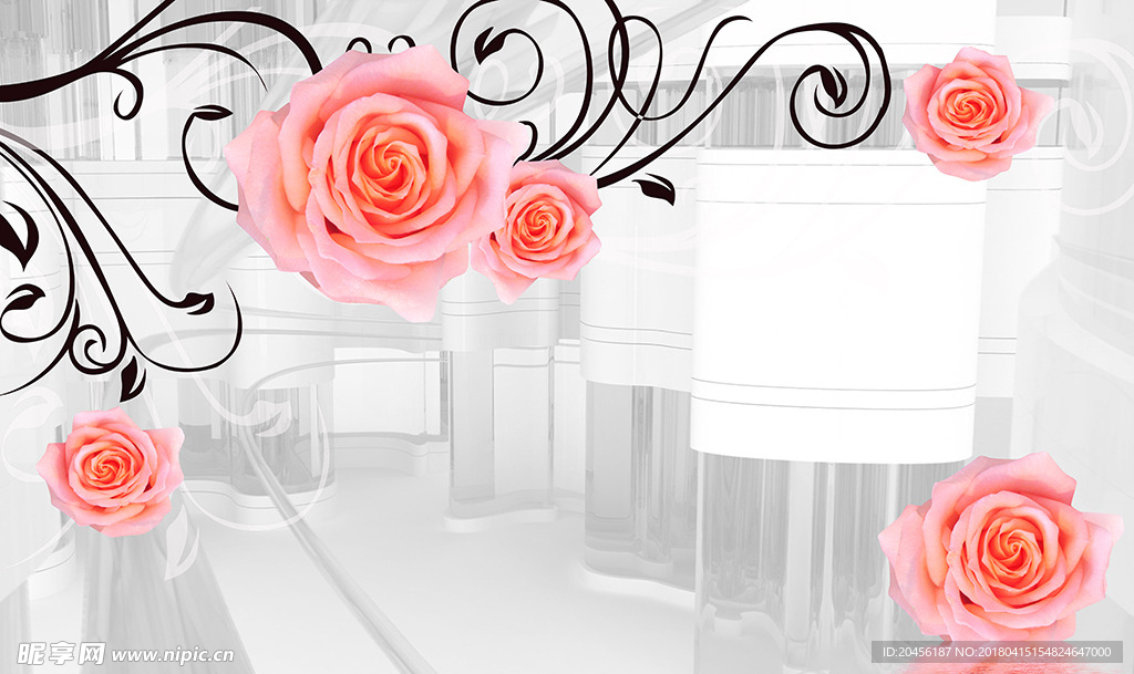 3D抽象空间玫瑰背景墙