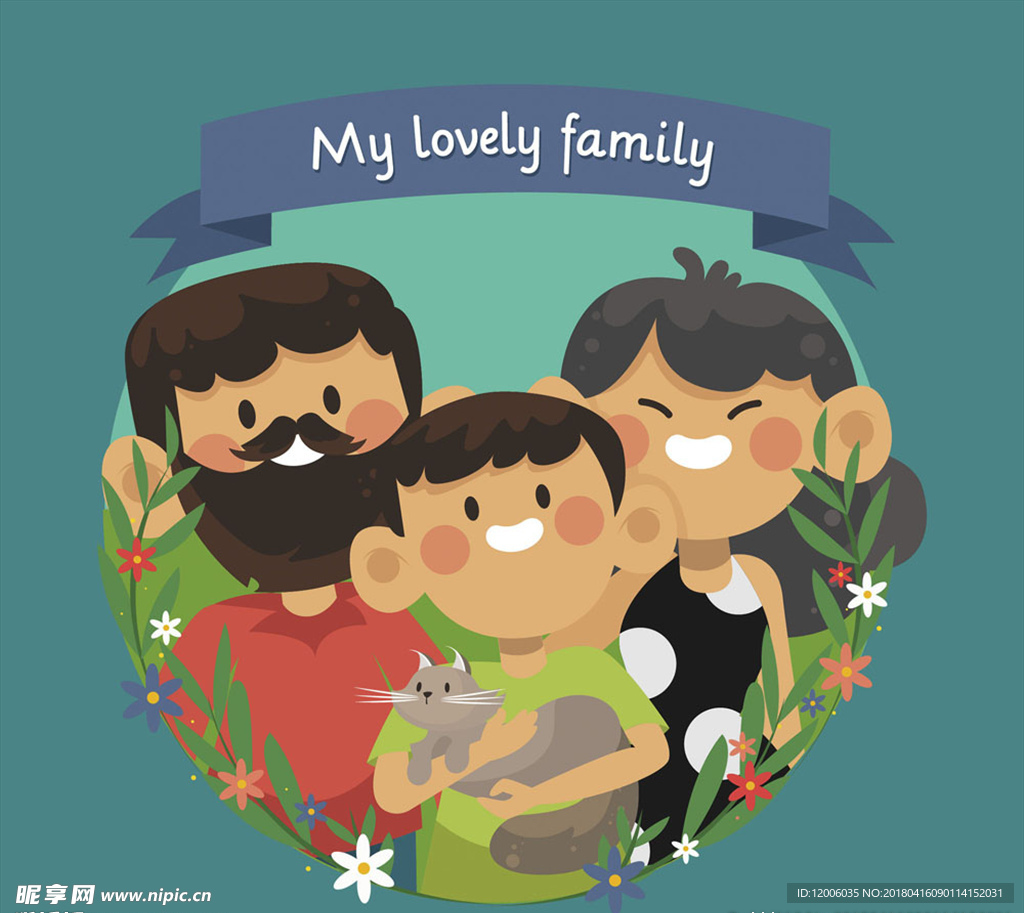 卡通笑脸三口之家矢量素材