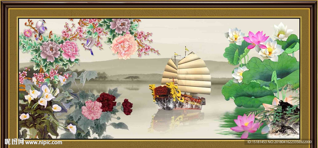 荷花图 牡丹