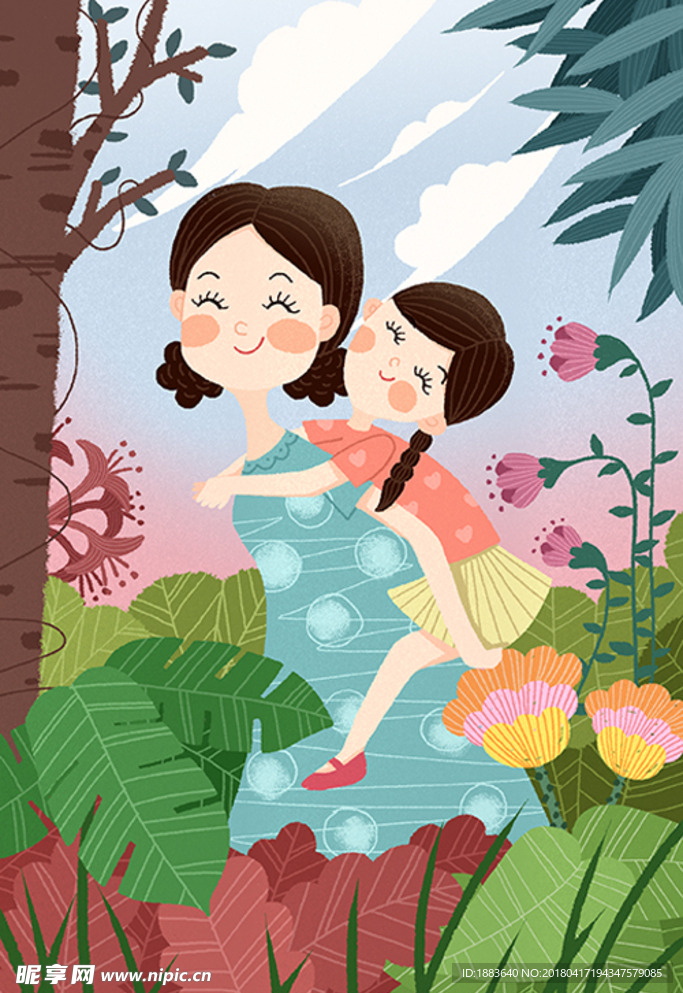 母亲节温馨亲情母女母爱手绘插画