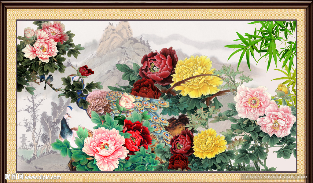 国画牡丹 孔雀图