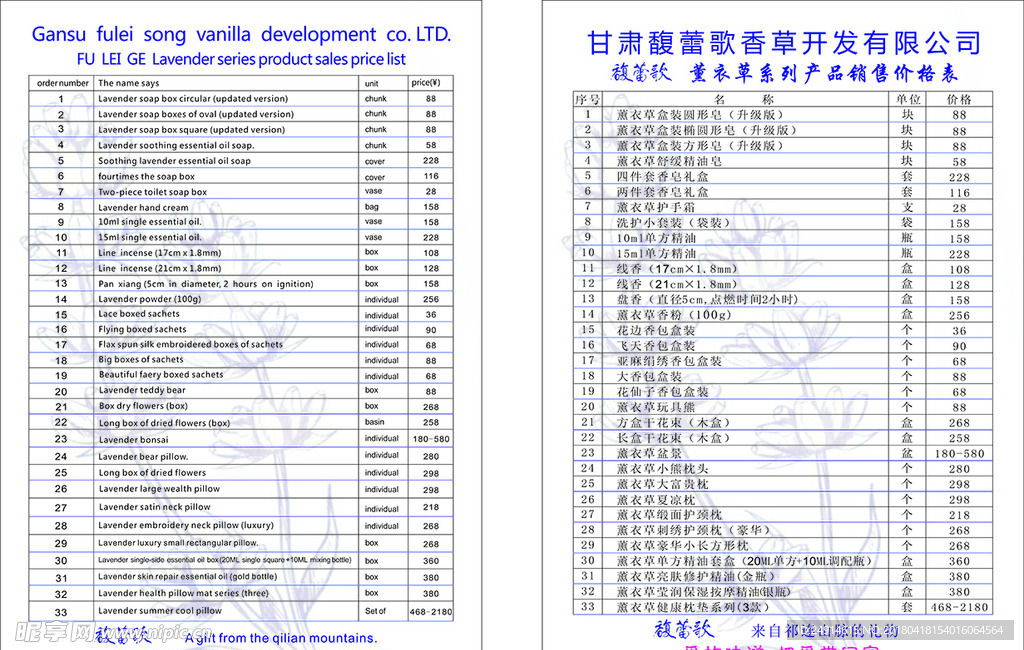 价格表