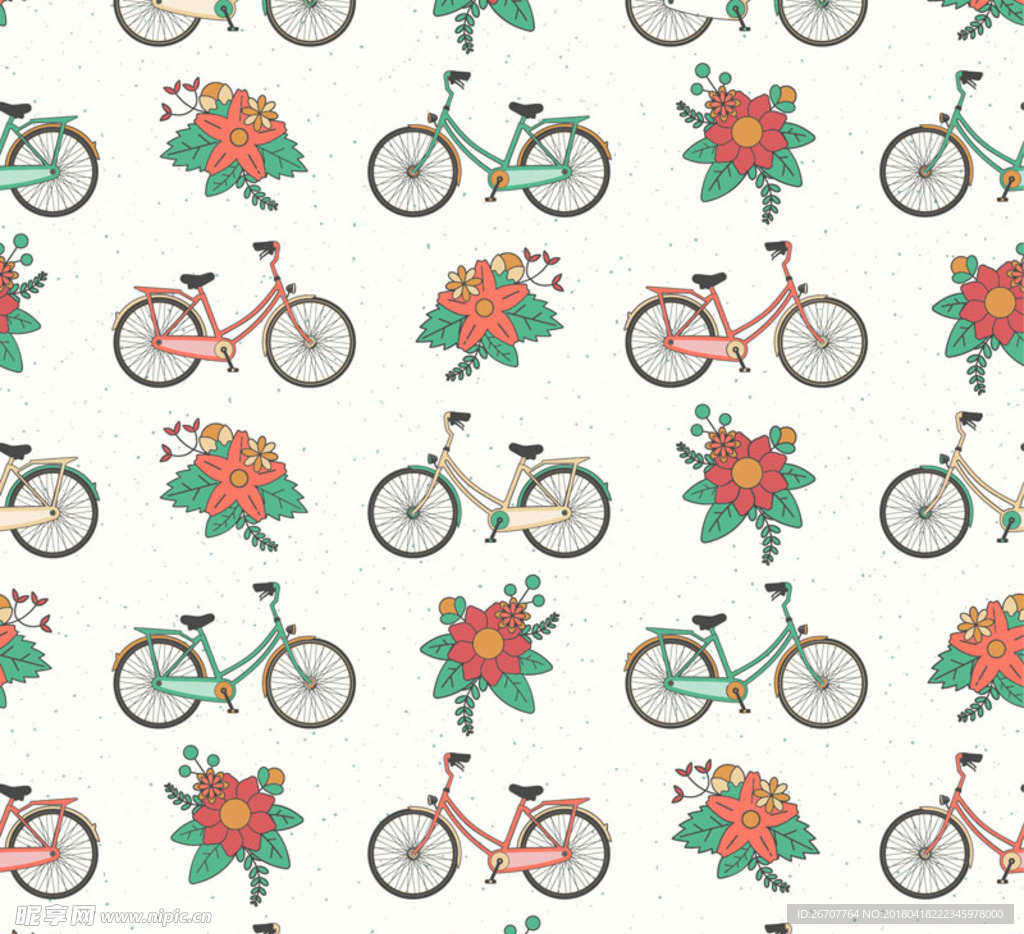 创意单车和花卉无缝背景矢量图