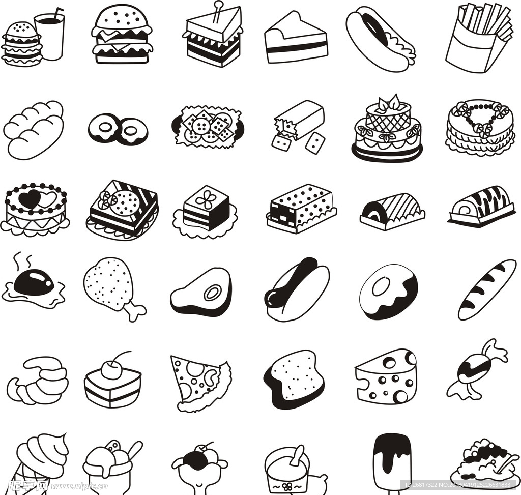 矢量食物小图标  甜点三明治汉