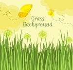 水彩绘花丛和黄色蝴蝶矢量图