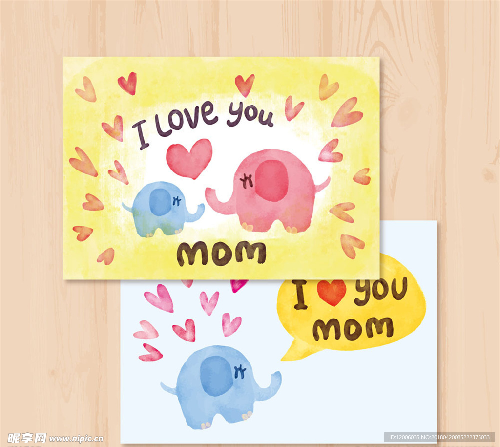 彩绘大象母亲节卡片矢量图