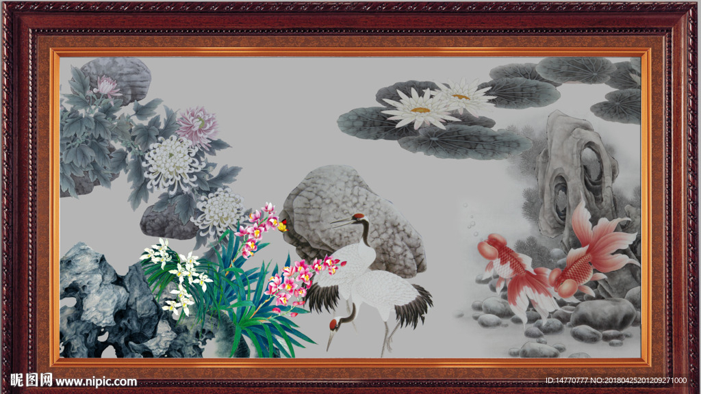 荷花仙鹤图