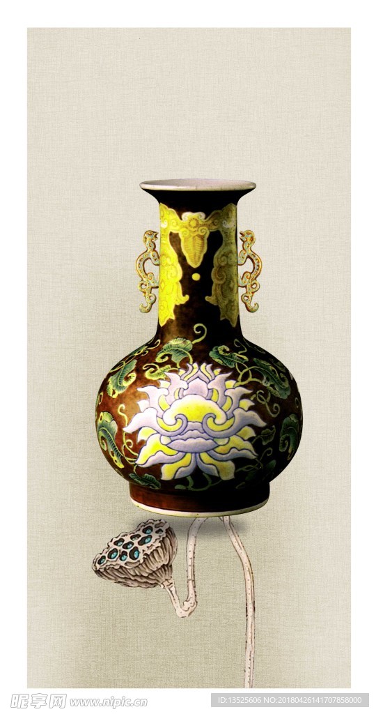 装饰画 中式花瓶 莲藕