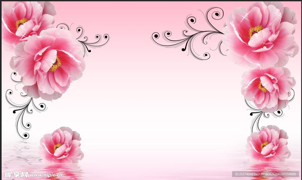 粉色芍药牡丹欧式花纹背景墙