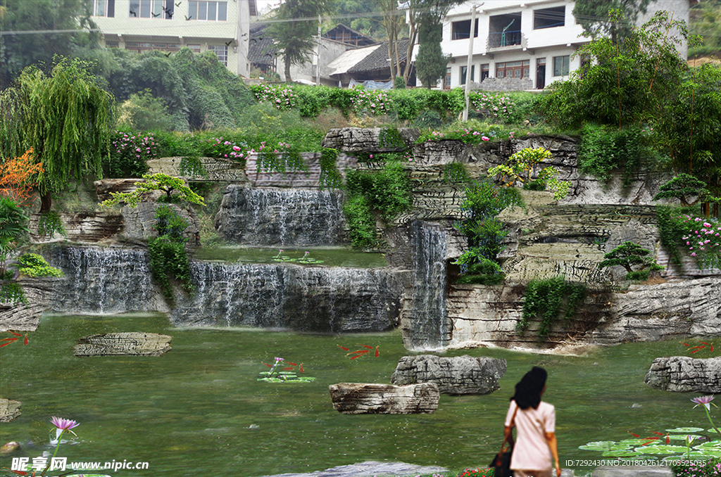 假山水池喷泉瀑布花草景观园林图