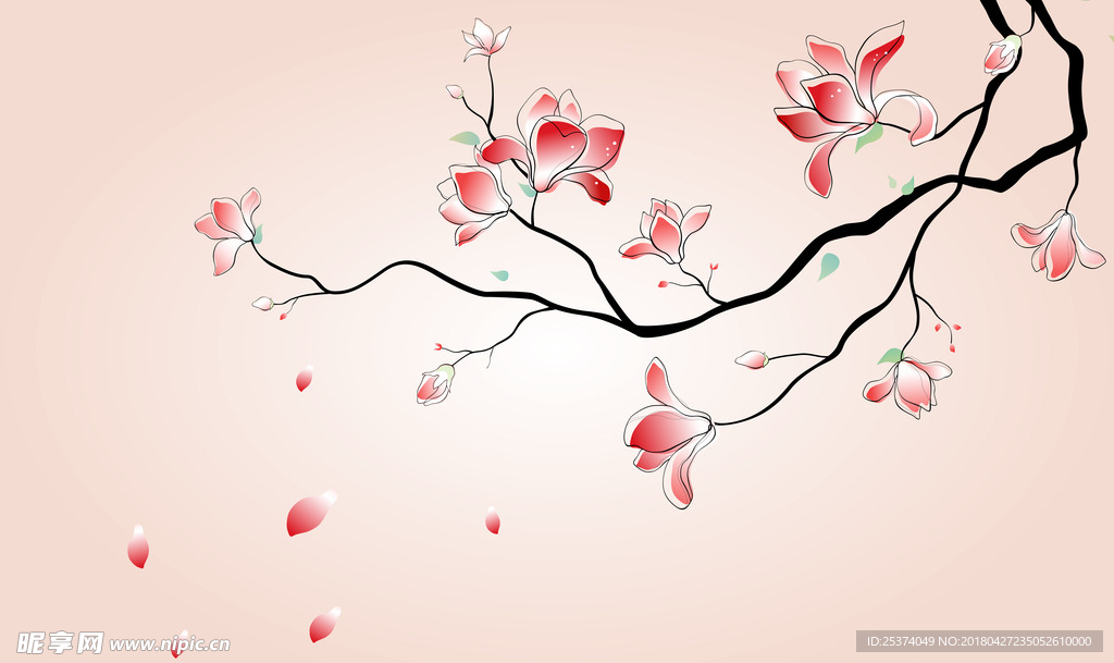 中式梅花花鸟粉色背景墙